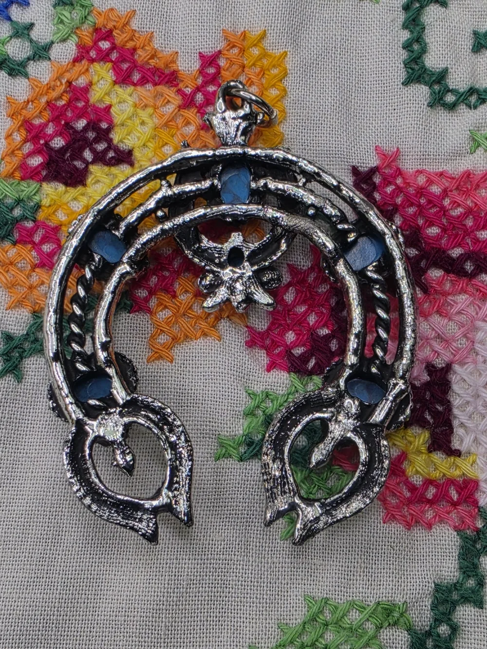 Vintage Western Squash Blossom Silver-Tone Turquoise Lucite Pendant